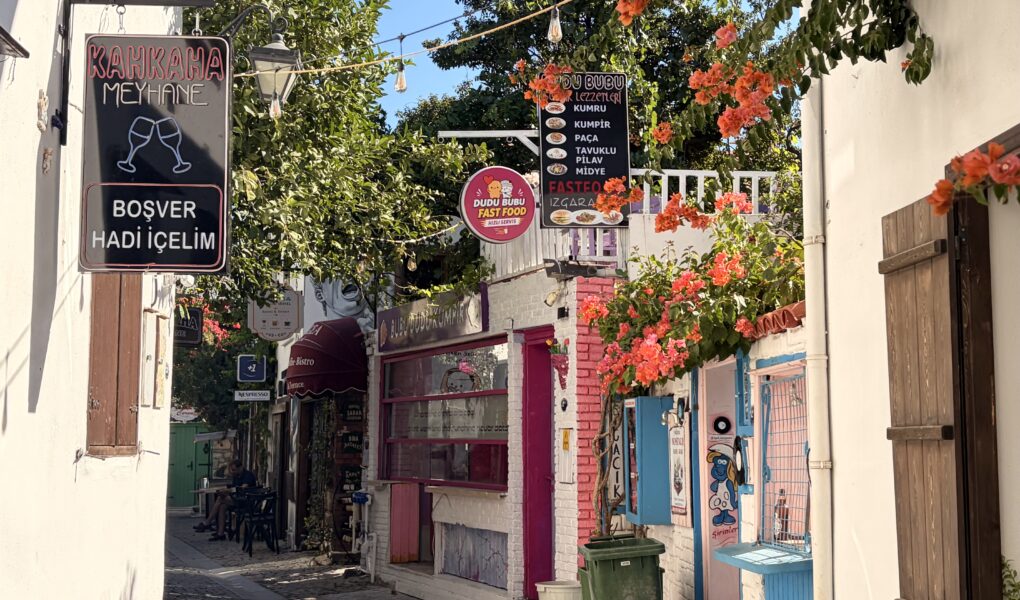 Seferihisar Sığacık Kaleiçi'nde begonvillerle süslü bir sokak